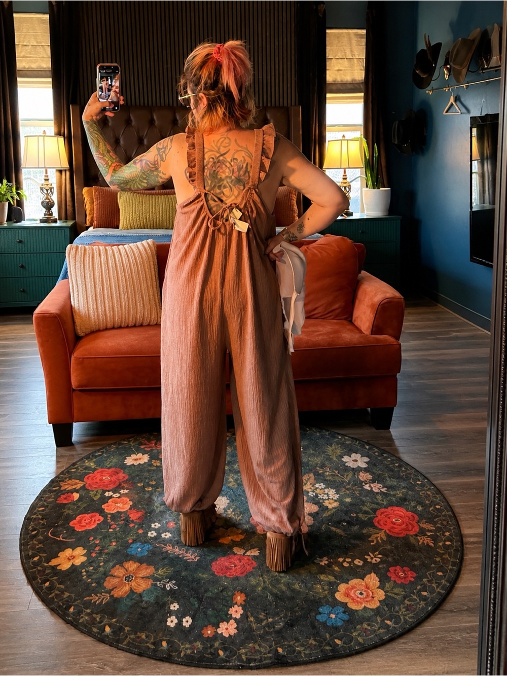 Three Bird Nest Velvet Jumpsuit XL Dusty Rose Boho Wide Leg Romper NWT - Picture 2 of 5